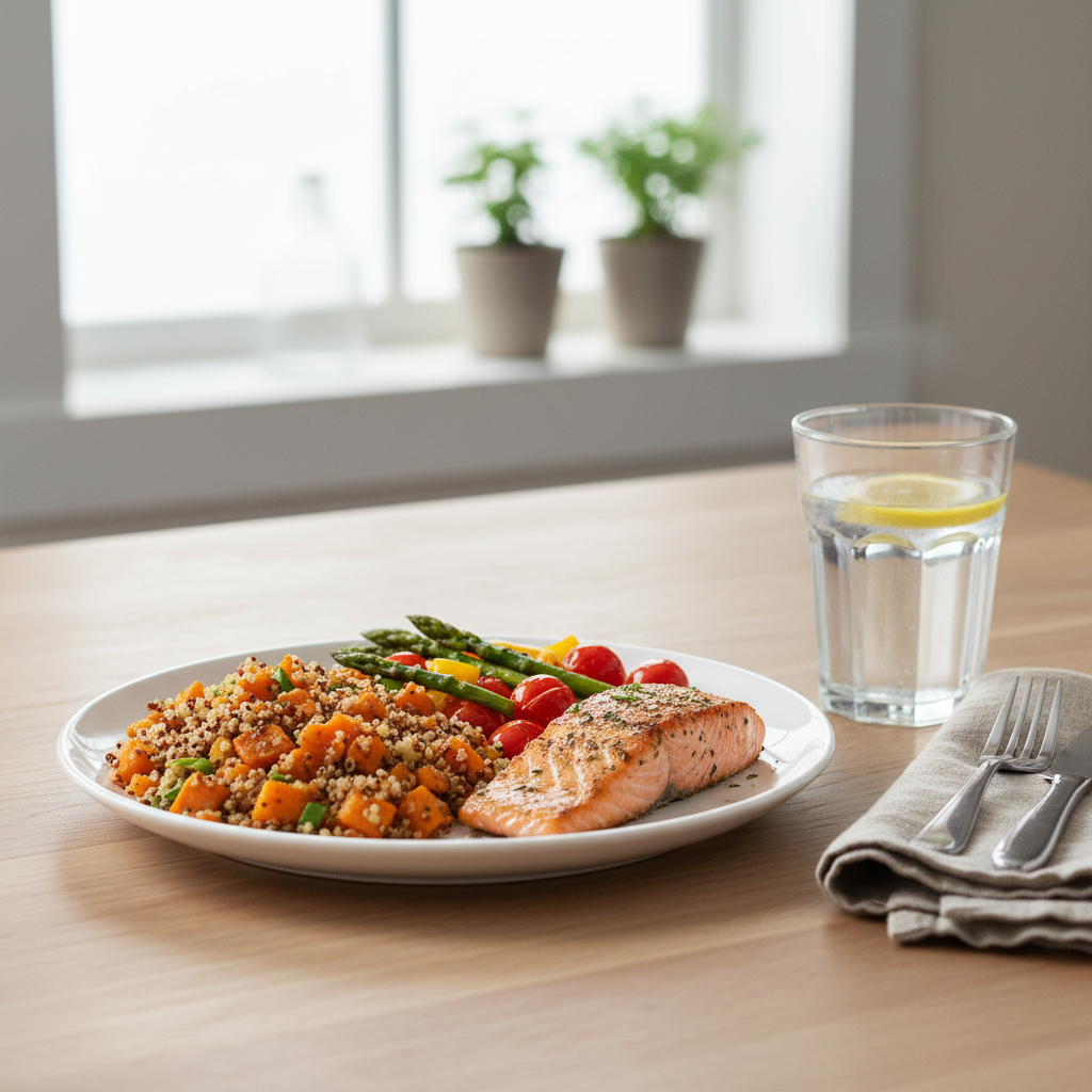 A well-composed balanced meal with grains, fresh vegetables, lean protein and a glass of water set on a dining table